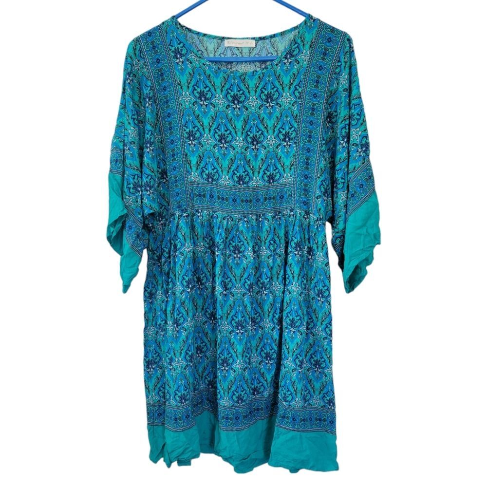 R. Vivimos Blue Boho Geometric Jewel Tunic Mini Dress Size Small